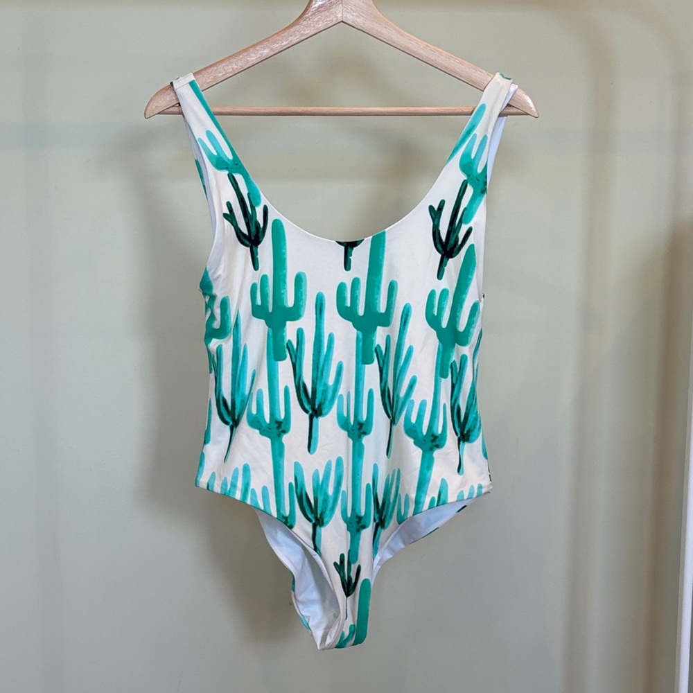 Lulus Check Yourself Green and White Cactus Print One-Piece Swimsuit